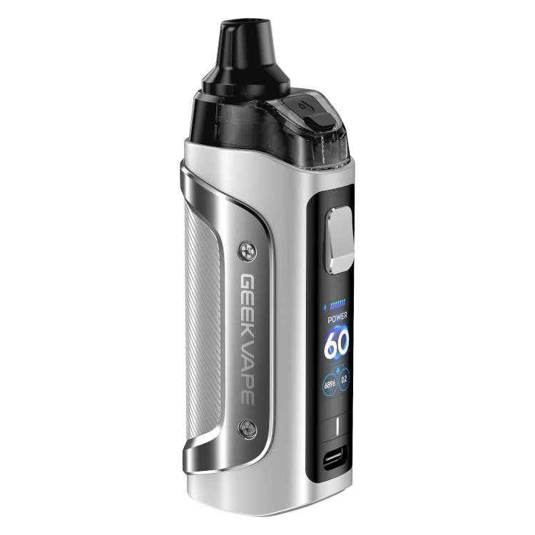 GeekVape Aegis Boost 3 E-Zigaretten-Set in silber, robustes Design mit Digitaldisplay.